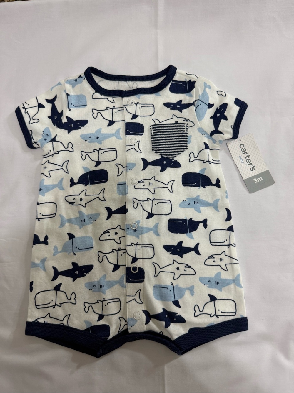 Carter’s 100% Cotton Boy’s Size 3 Months White and Blue Whale Romper , one piece